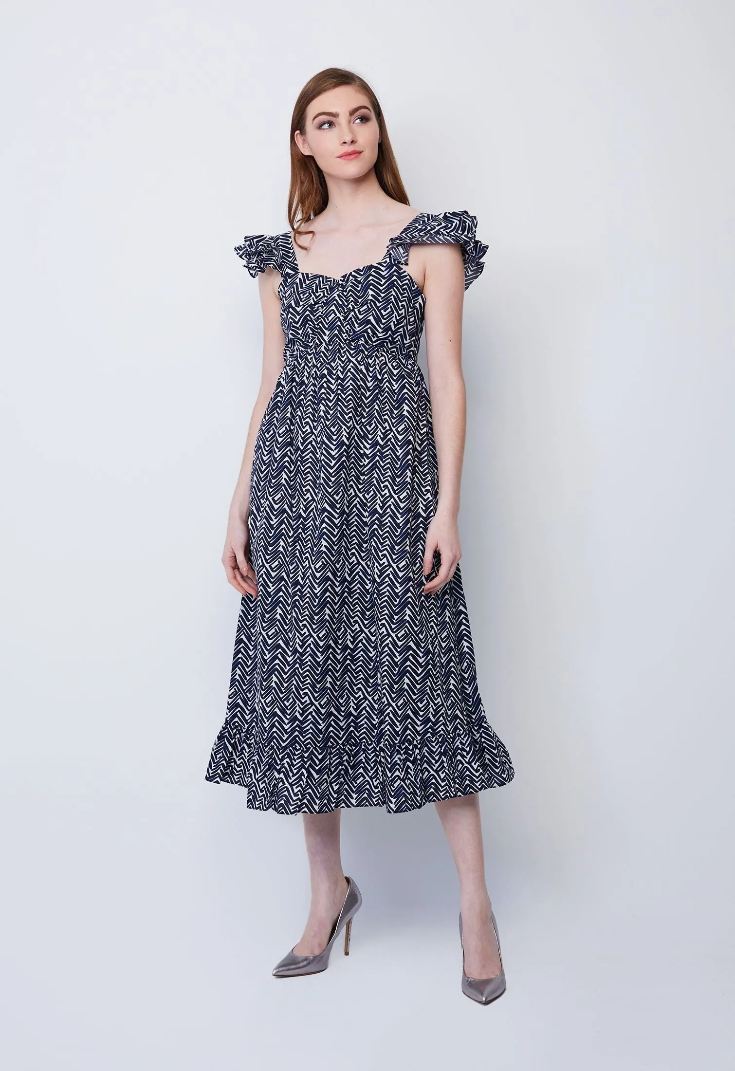 Ditsy Zigzag Flutter Sleeve Dress