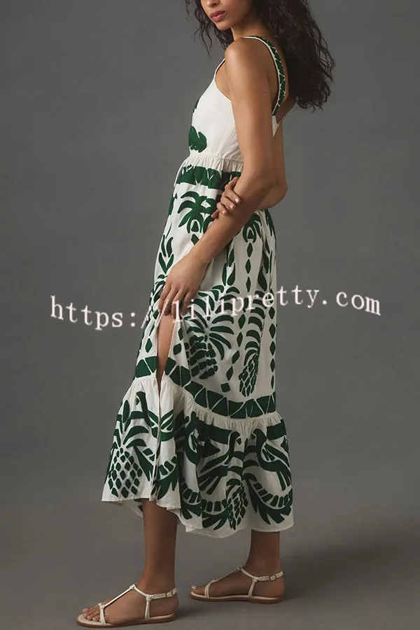 Dockside Cutie Ethnic Print Drawstring Elastic Waist Slit Midi Dress
