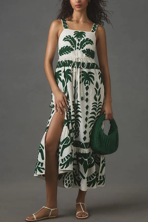 Dockside Cutie Ethnic Print Drawstring Elastic Waist Slit Midi Dress