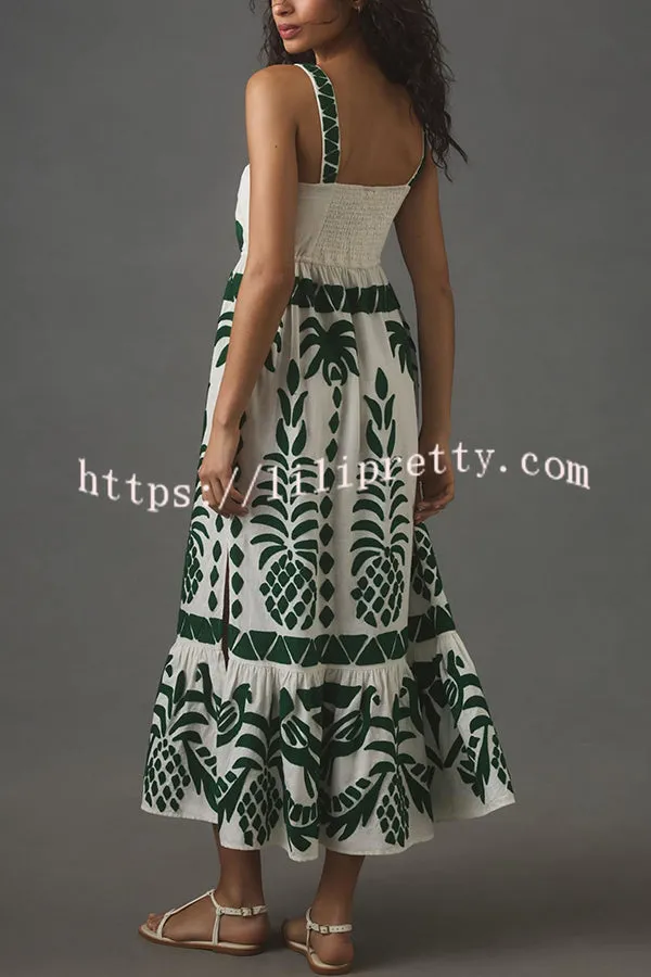 Dockside Cutie Ethnic Print Drawstring Elastic Waist Slit Midi Dress