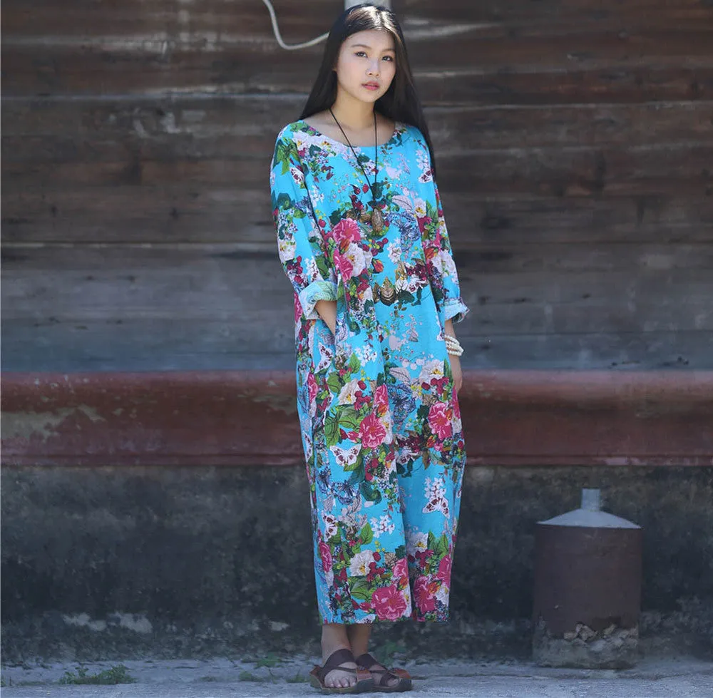 Dress O-neck Flower Print with Butterfly Loose Casual Linen Dresses Vintage Women Dress Vestidos S36