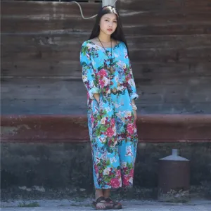 Dress O-neck Flower Print with Butterfly Loose Casual Linen Dresses Vintage Women Dress Vestidos S36