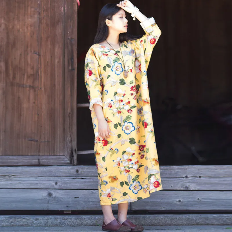 Dress O-neck Flower Print with Butterfly Loose Casual Linen Dresses Vintage Women Dress Vestidos S36