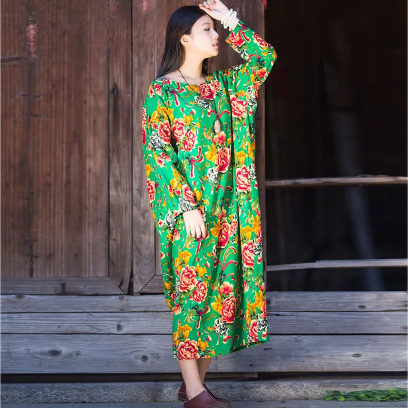 Dress O-neck Flower Print with Butterfly Loose Casual Linen Dresses Vintage Women Dress Vestidos S36