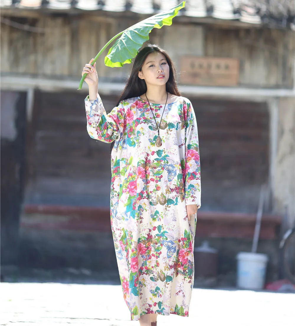 Dress O-neck Flower Print with Butterfly Loose Casual Linen Dresses Vintage Women Dress Vestidos S36