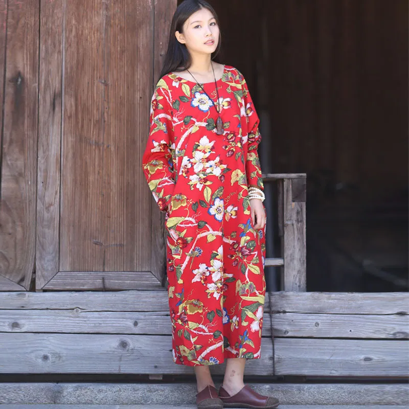 Dress O-neck Flower Print with Butterfly Loose Casual Linen Dresses Vintage Women Dress Vestidos S36