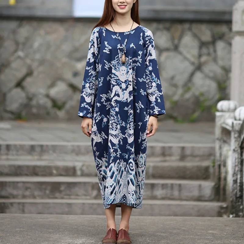 Dress O-neck Flower Print with Butterfly Loose Casual Linen Dresses Vintage Women Dress Vestidos S36