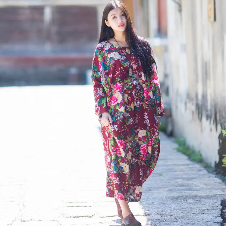 Dress O-neck Flower Print with Butterfly Loose Casual Linen Dresses Vintage Women Dress Vestidos S36