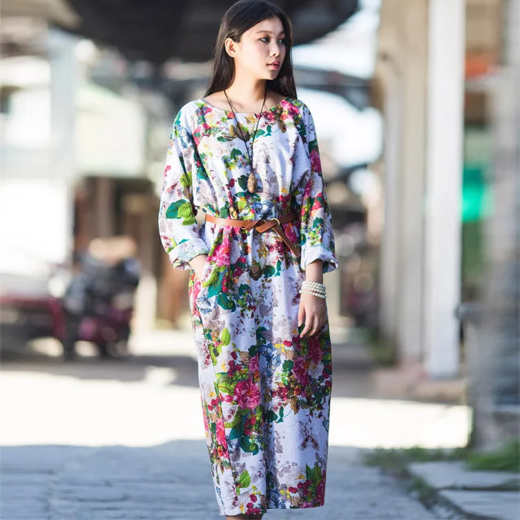 Dress O-neck Flower Print with Butterfly Loose Casual Linen Dresses Vintage Women Dress Vestidos S36