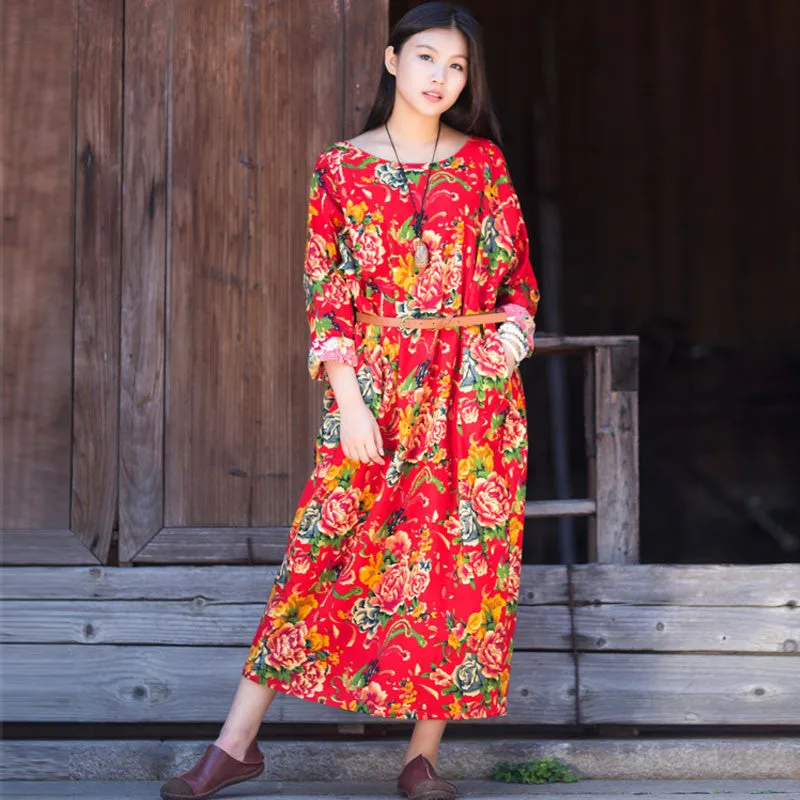 Dress O-neck Flower Print with Butterfly Loose Casual Linen Dresses Vintage Women Dress Vestidos S36