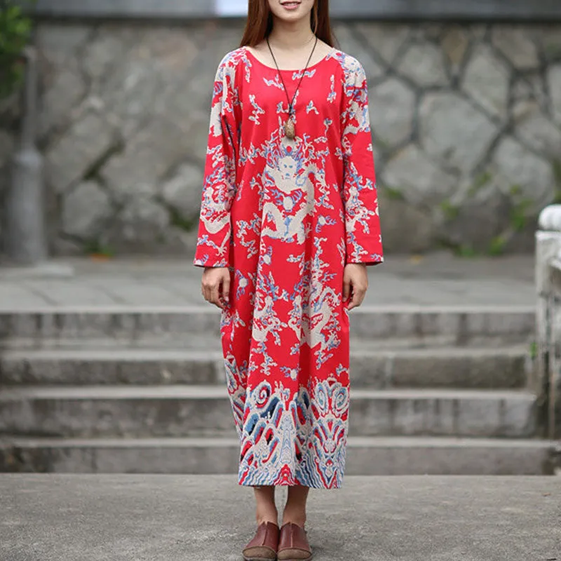 Dress O-neck Flower Print with Butterfly Loose Casual Linen Dresses Vintage Women Dress Vestidos S36