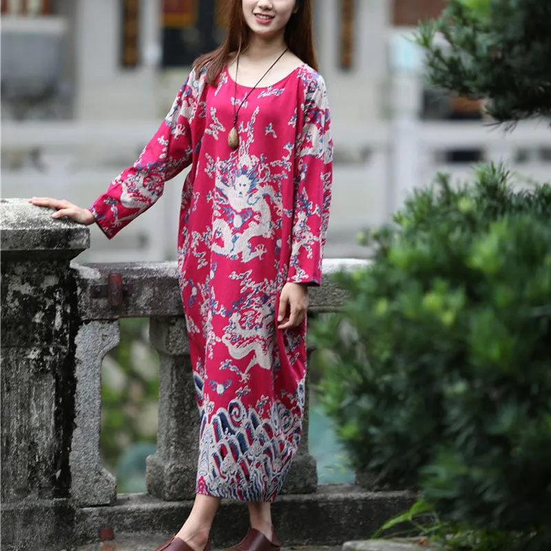 Dress O-neck Flower Print with Butterfly Loose Casual Linen Dresses Vintage Women Dress Vestidos S36