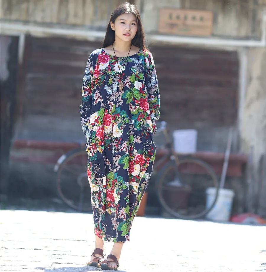 Dress O-neck Flower Print with Butterfly Loose Casual Linen Dresses Vintage Women Dress Vestidos S36
