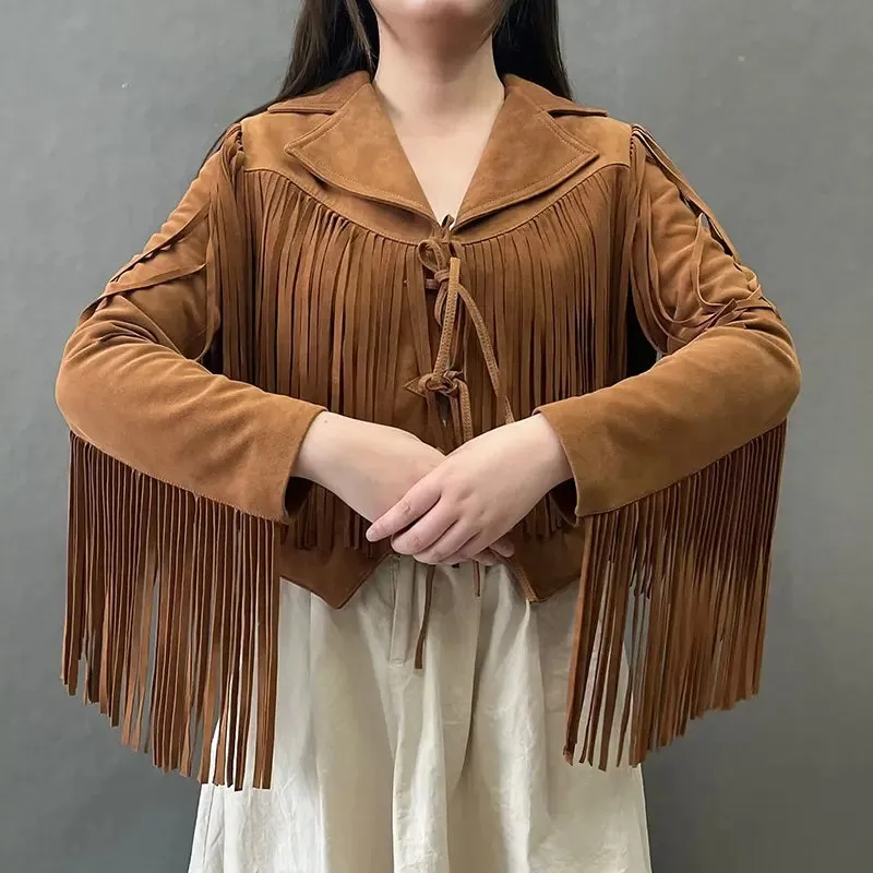 Edge Crop Leather Jacket with Tassels
