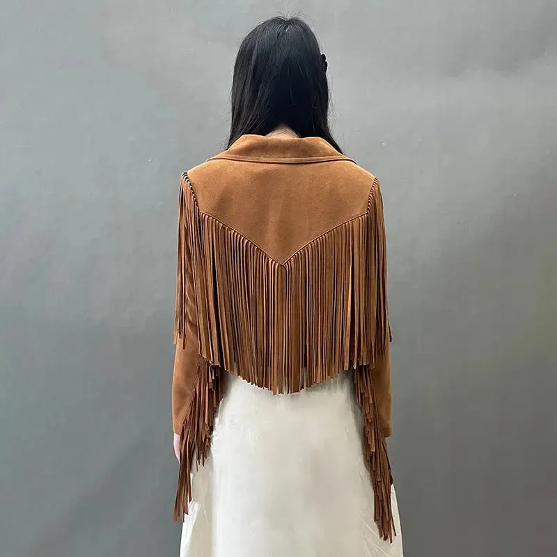 Edge Crop Leather Jacket with Tassels