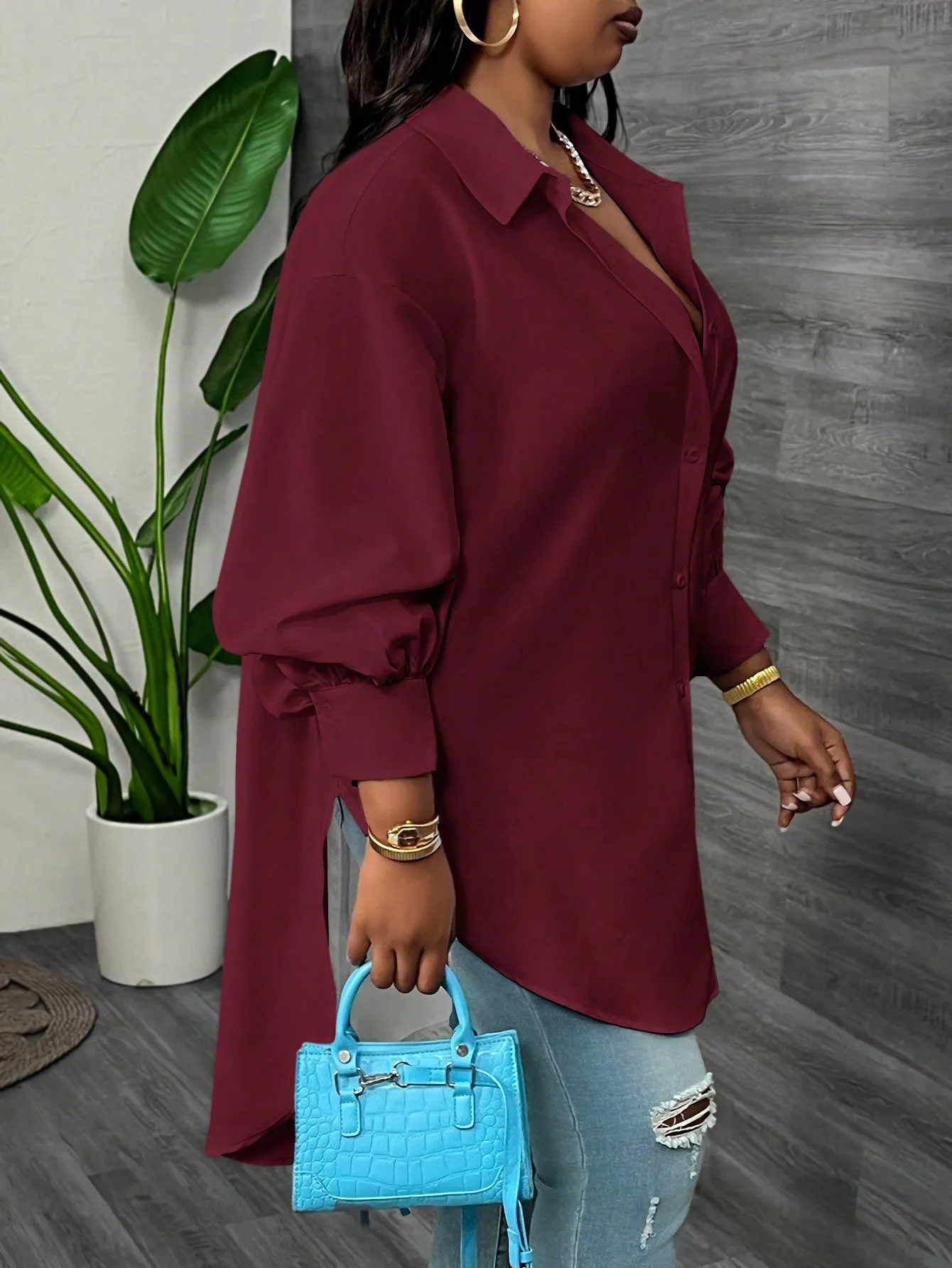 Elegant Loose Solid Lantern Sleeve Asymmetric Hem Long Blouse