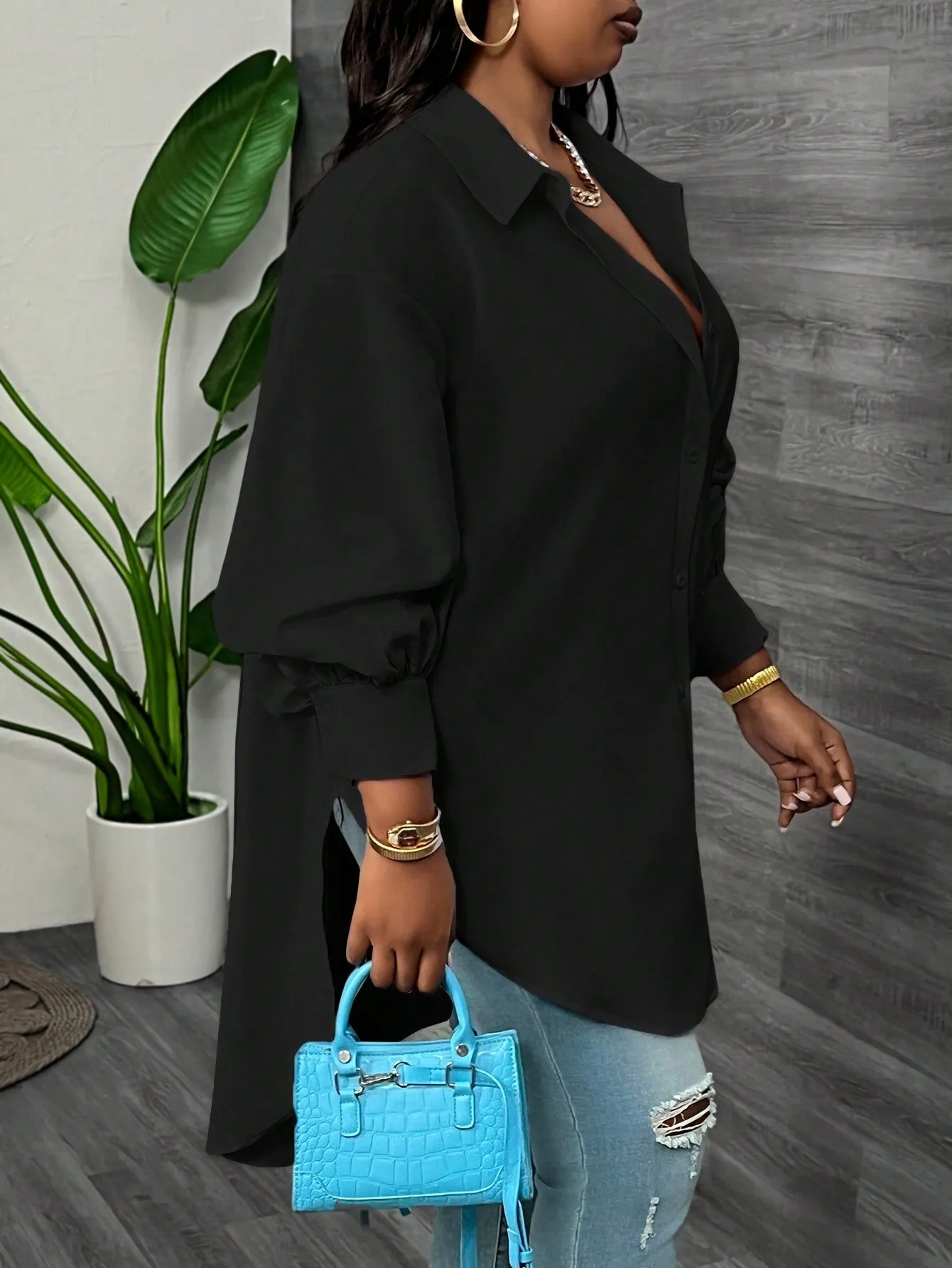 Elegant Loose Solid Lantern Sleeve Asymmetric Hem Long Blouse