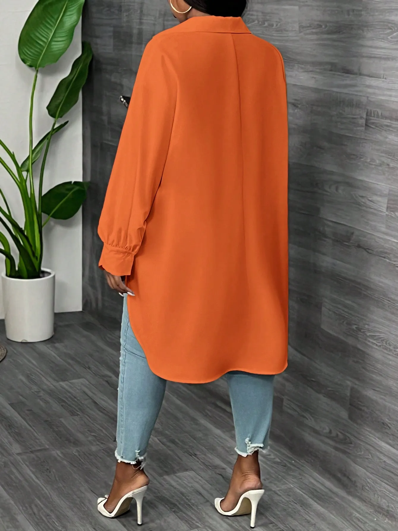 Elegant Loose Solid Lantern Sleeve Asymmetric Hem Long Blouse