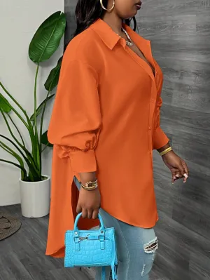 Elegant Loose Solid Lantern Sleeve Asymmetric Hem Long Blouse
