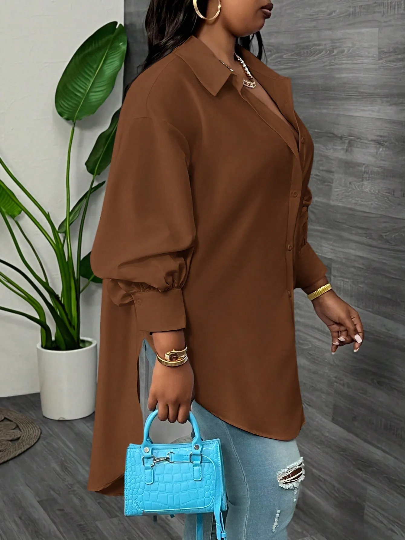 Elegant Loose Solid Lantern Sleeve Asymmetric Hem Long Blouse