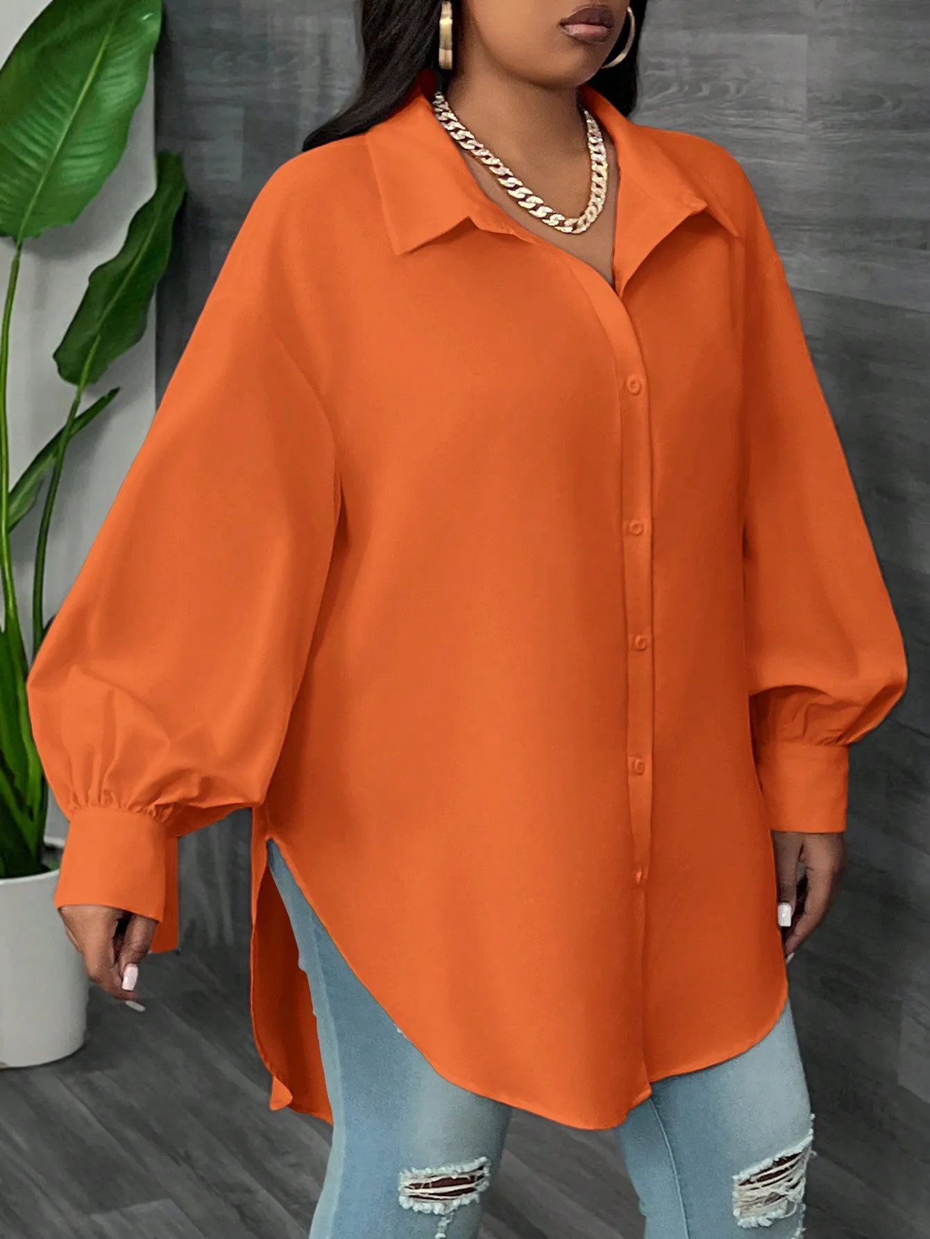 Elegant Loose Solid Lantern Sleeve Asymmetric Hem Long Blouse