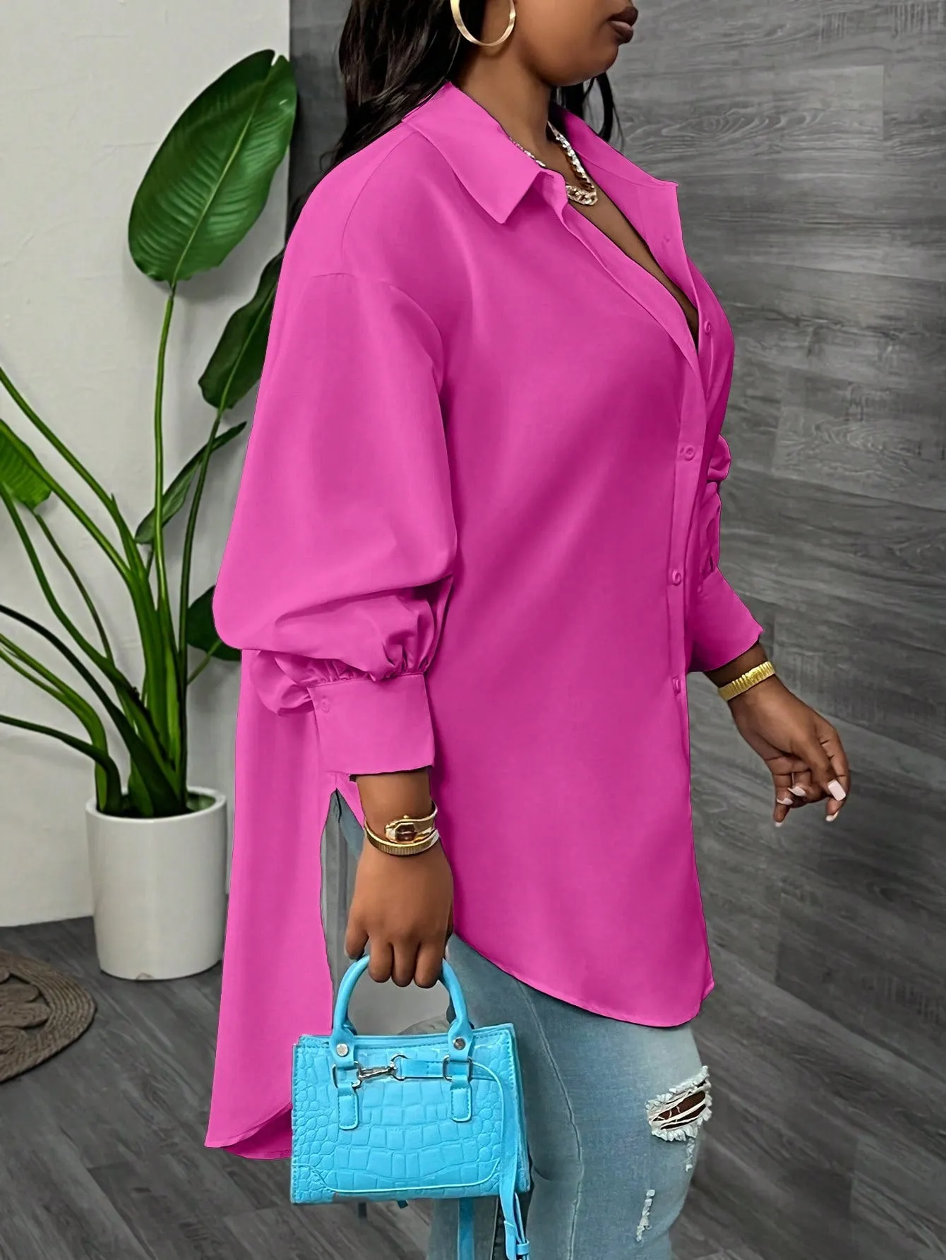 Elegant Loose Solid Lantern Sleeve Asymmetric Hem Long Blouse