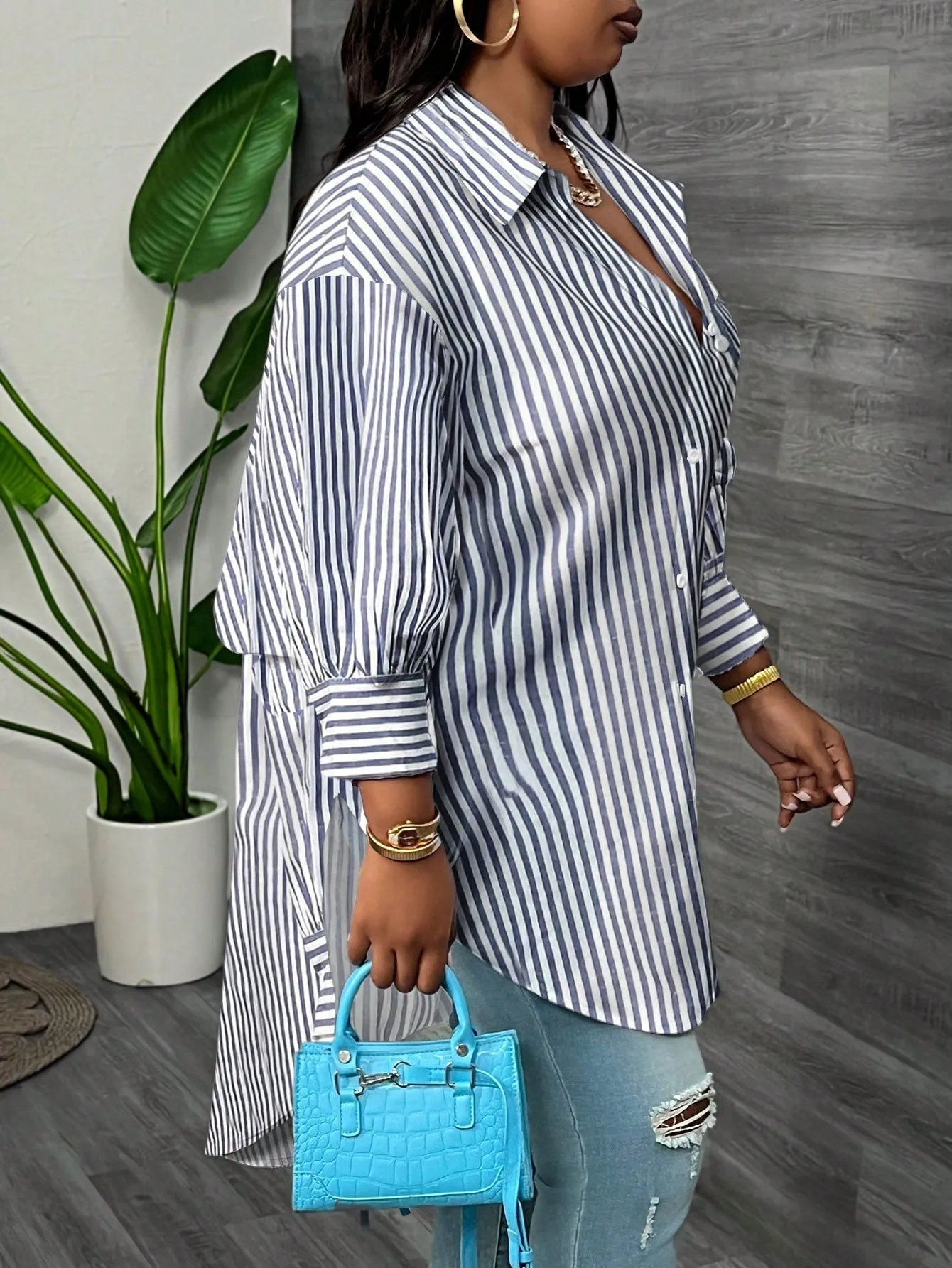 Elegant Loose Solid Lantern Sleeve Asymmetric Hem Long Blouse