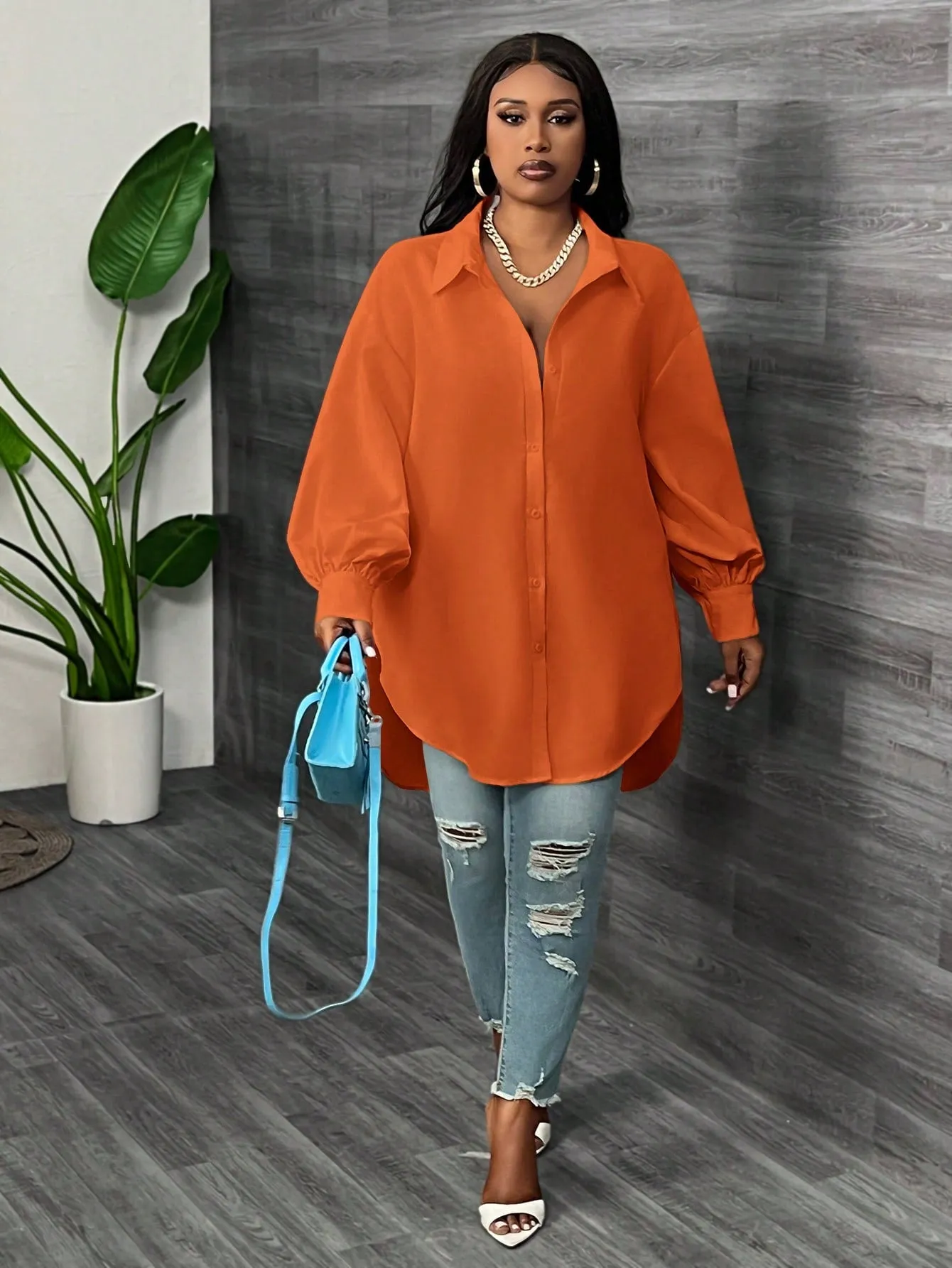 Elegant Loose Solid Lantern Sleeve Asymmetric Hem Long Blouse