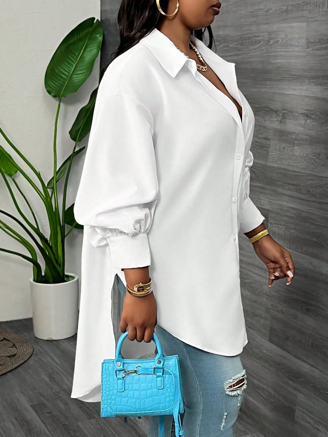 Elegant Loose Solid Lantern Sleeve Asymmetric Hem Long Blouse