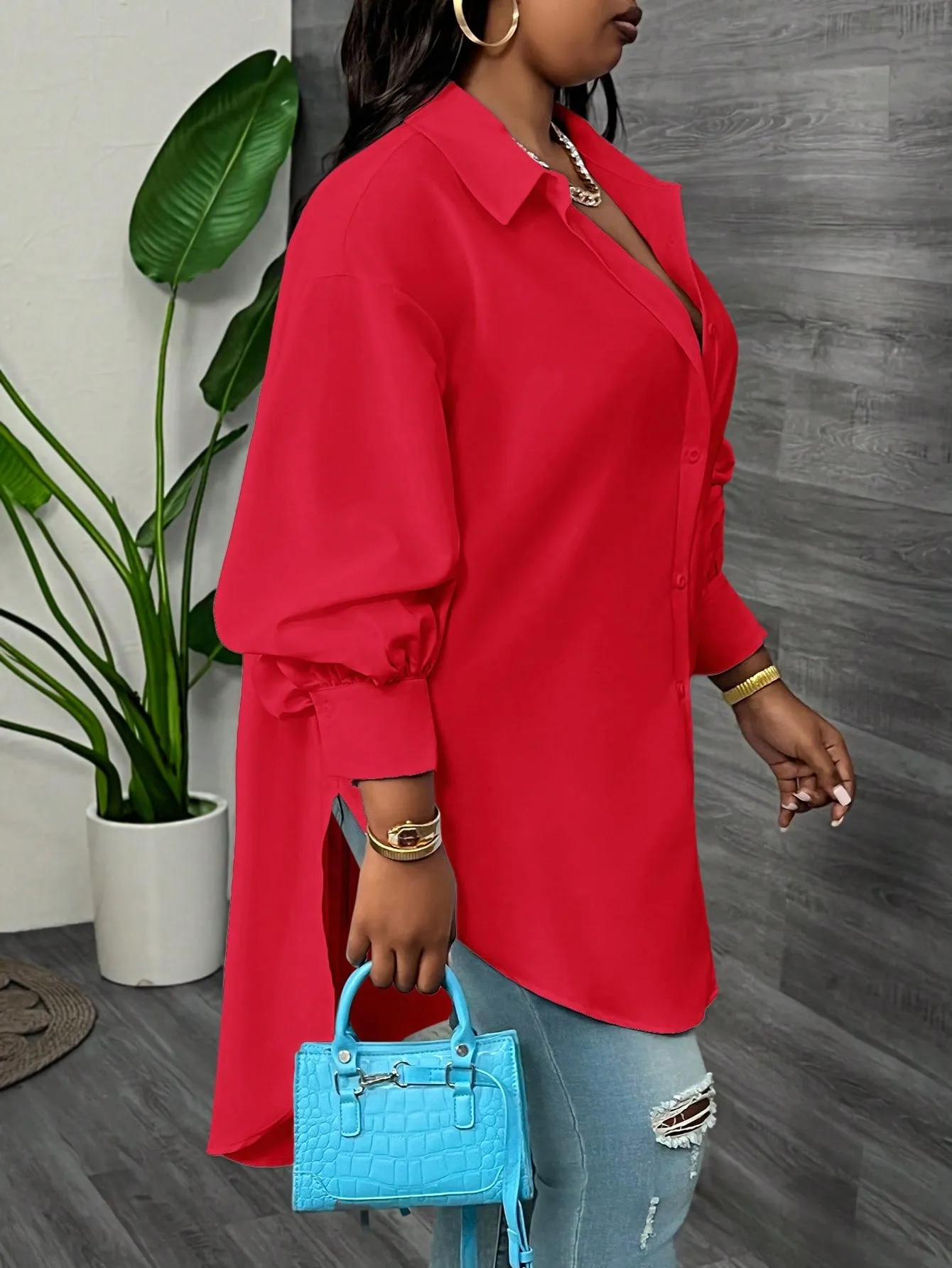 Elegant Loose Solid Lantern Sleeve Asymmetric Hem Long Blouse