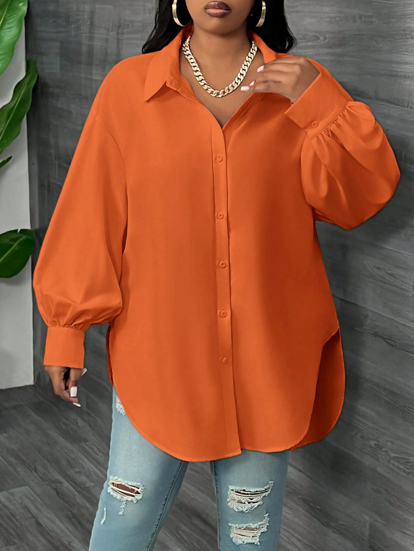 Elegant Loose Solid Lantern Sleeve Asymmetric Hem Long Blouse