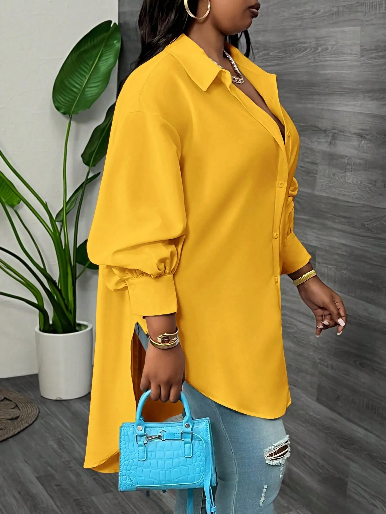 Elegant Loose Solid Lantern Sleeve Asymmetric Hem Long Blouse