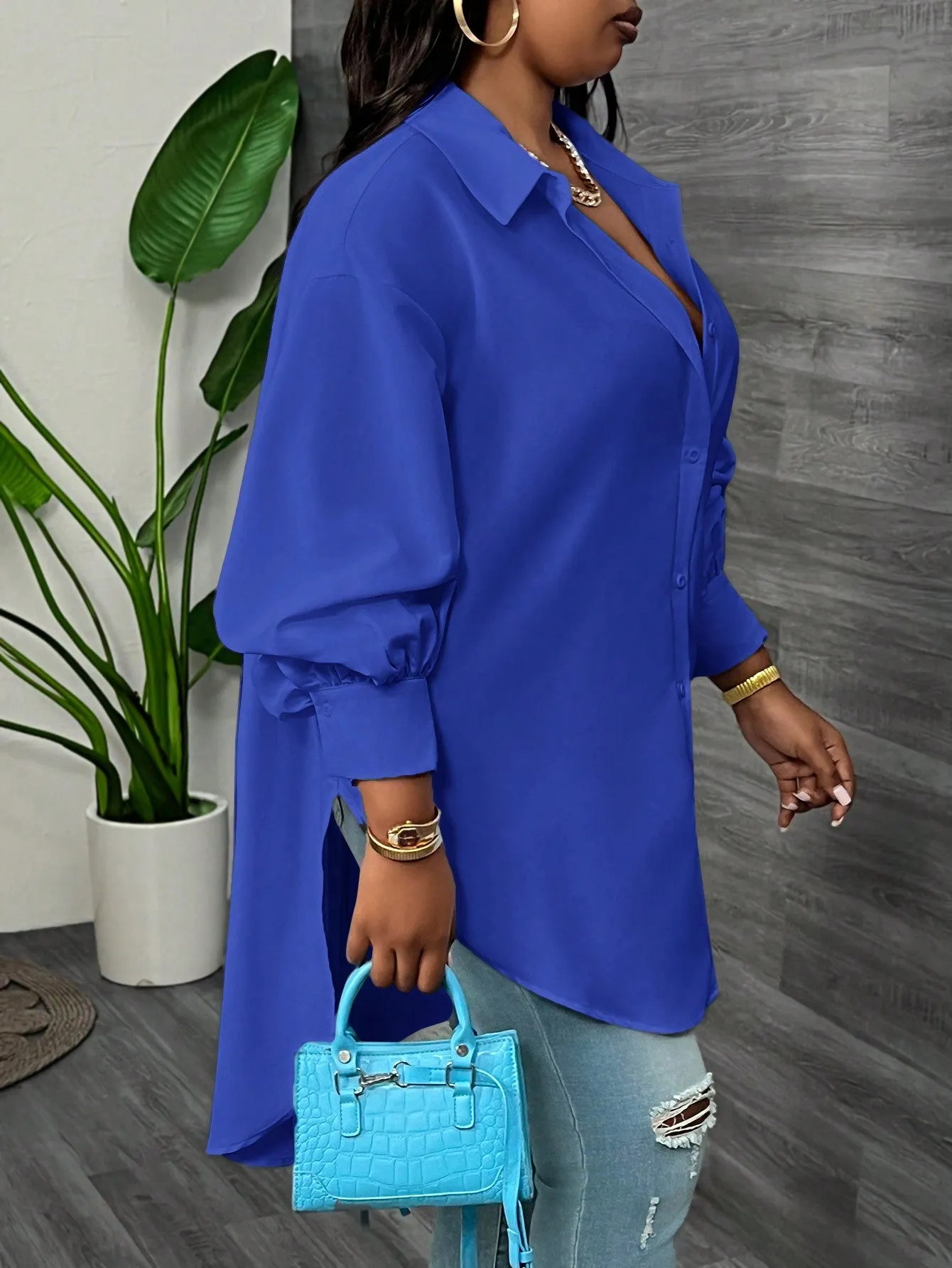 Elegant Loose Solid Lantern Sleeve Asymmetric Hem Long Blouse
