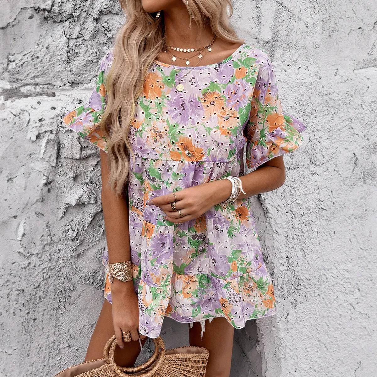 Elegant Printed Short Sleeve Mini Dresses Wholesale Womens Clothing N3824071500006