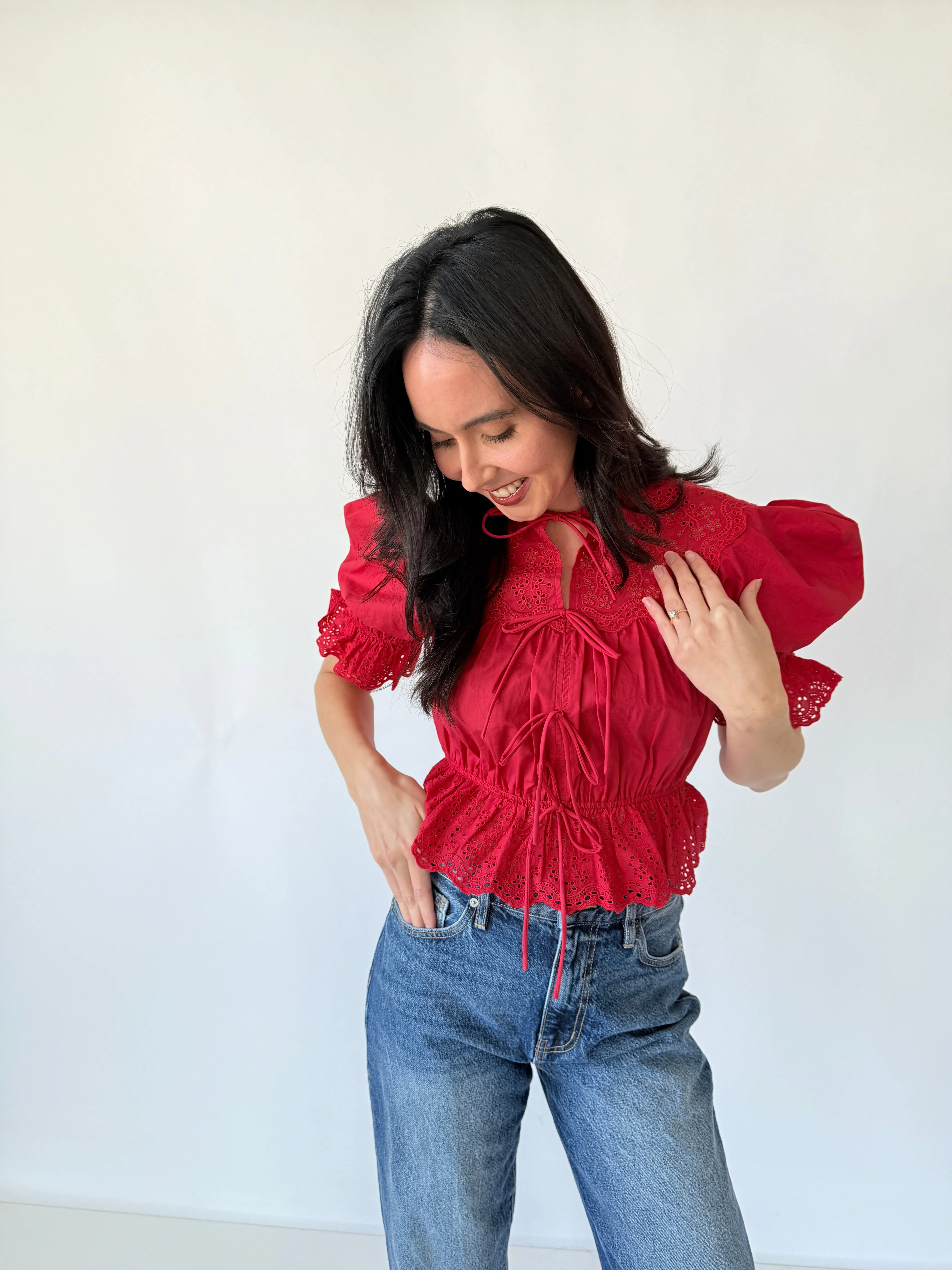 Embroidered Front Tie Blouse