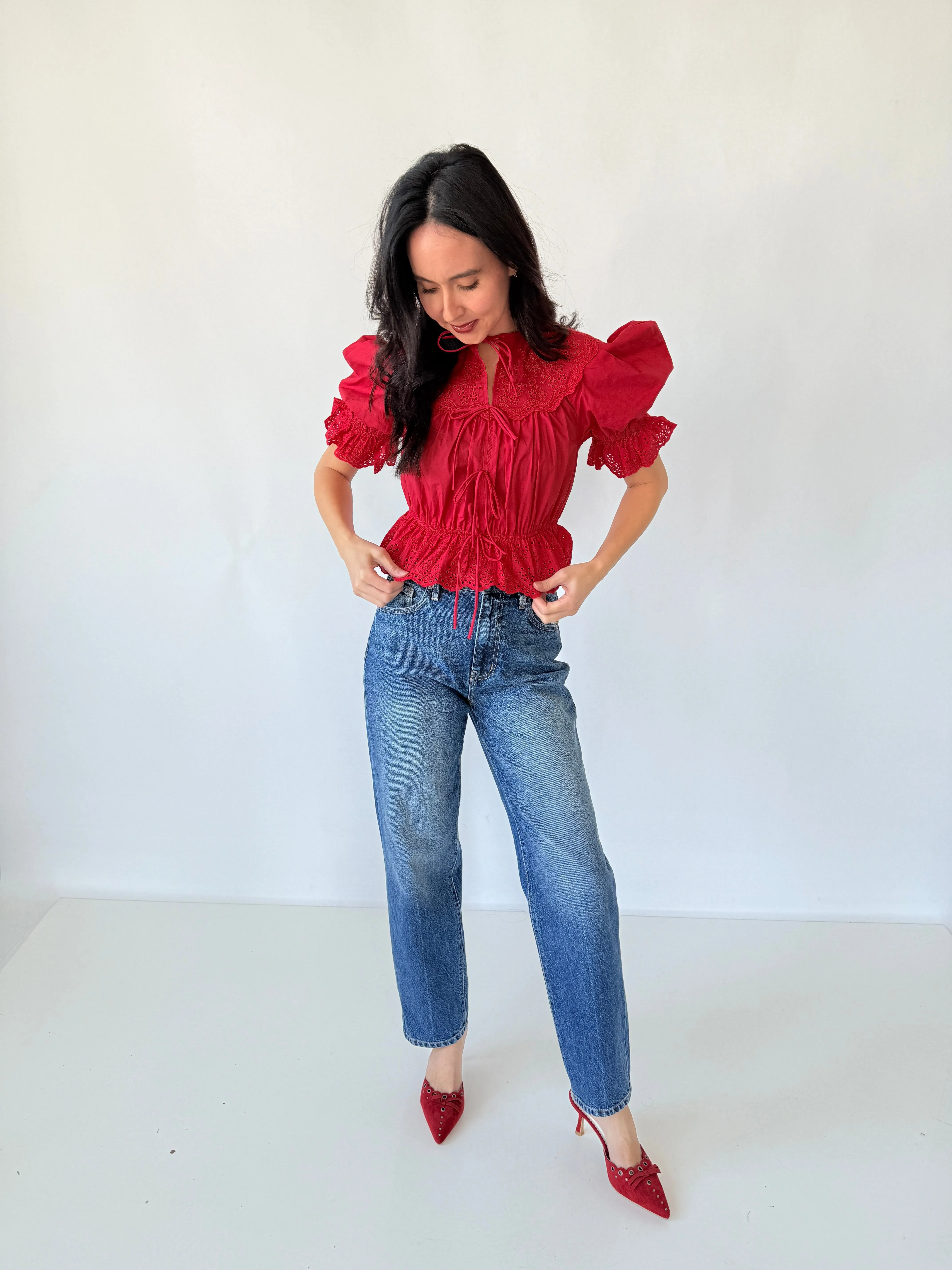 Embroidered Front Tie Blouse