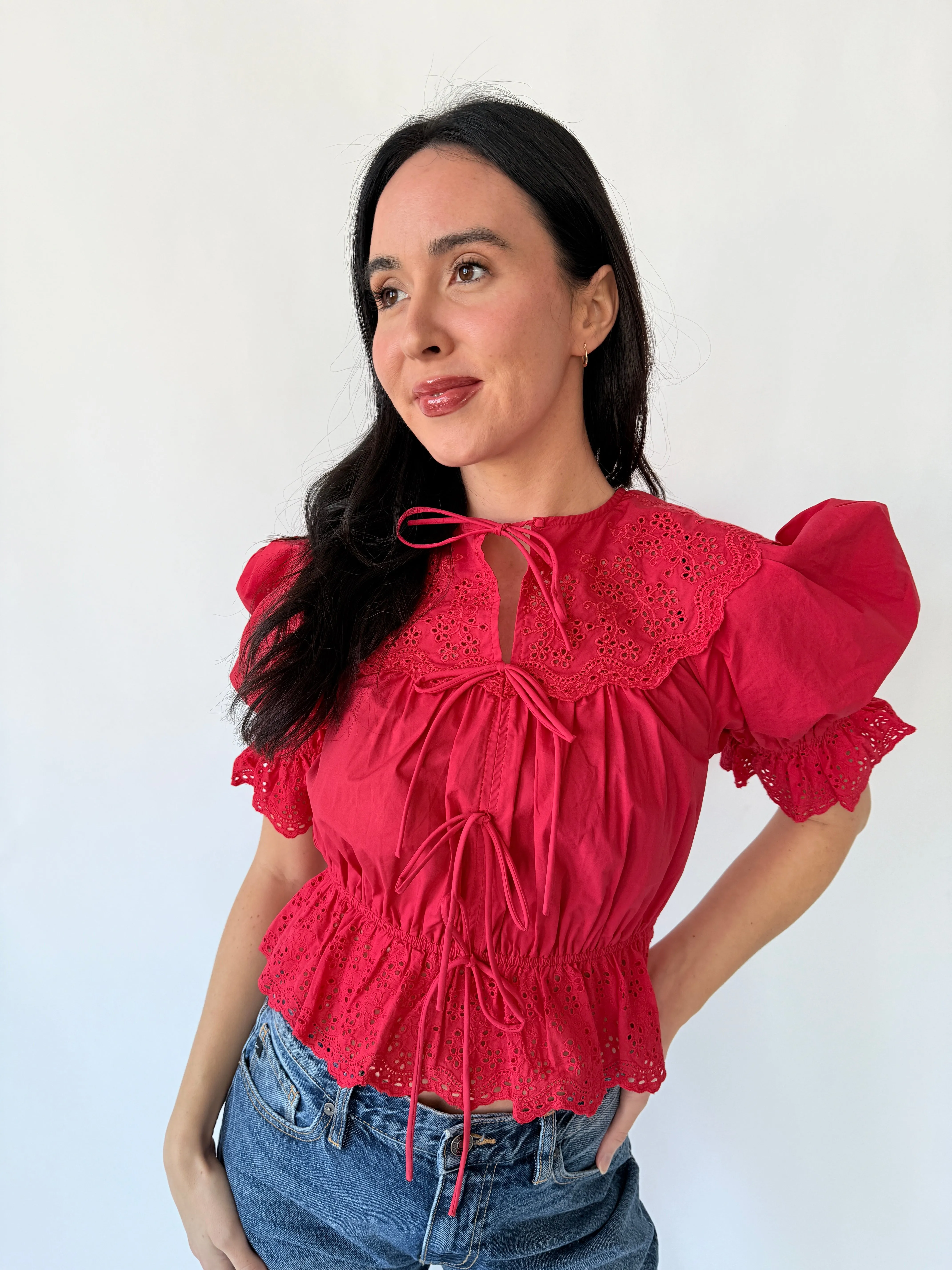 Embroidered Front Tie Blouse