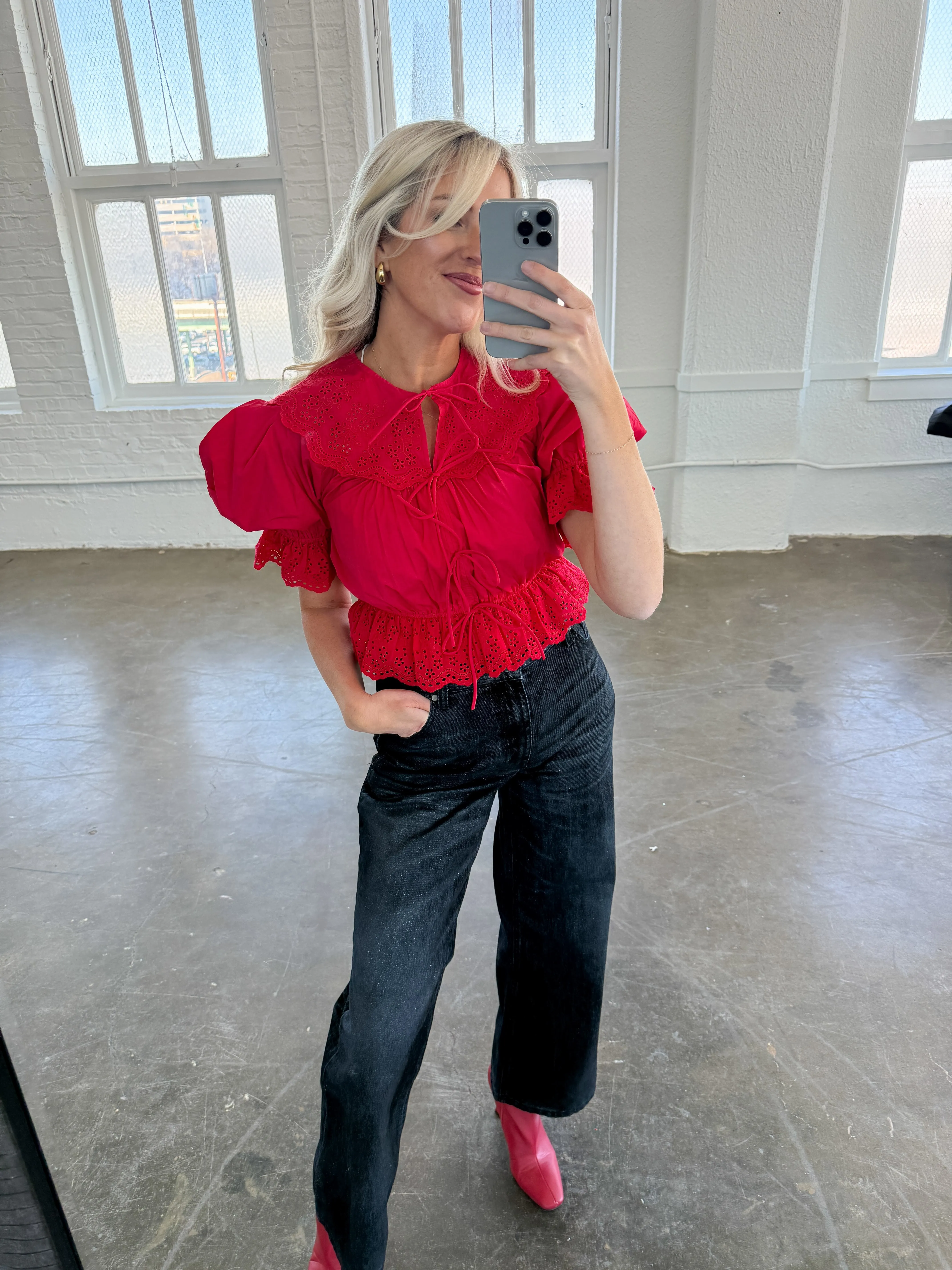 Embroidered Front Tie Blouse