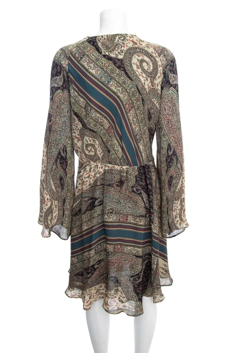 Etro Hunter Green Paisley Print Chiffon Wrap Dress SZ 48