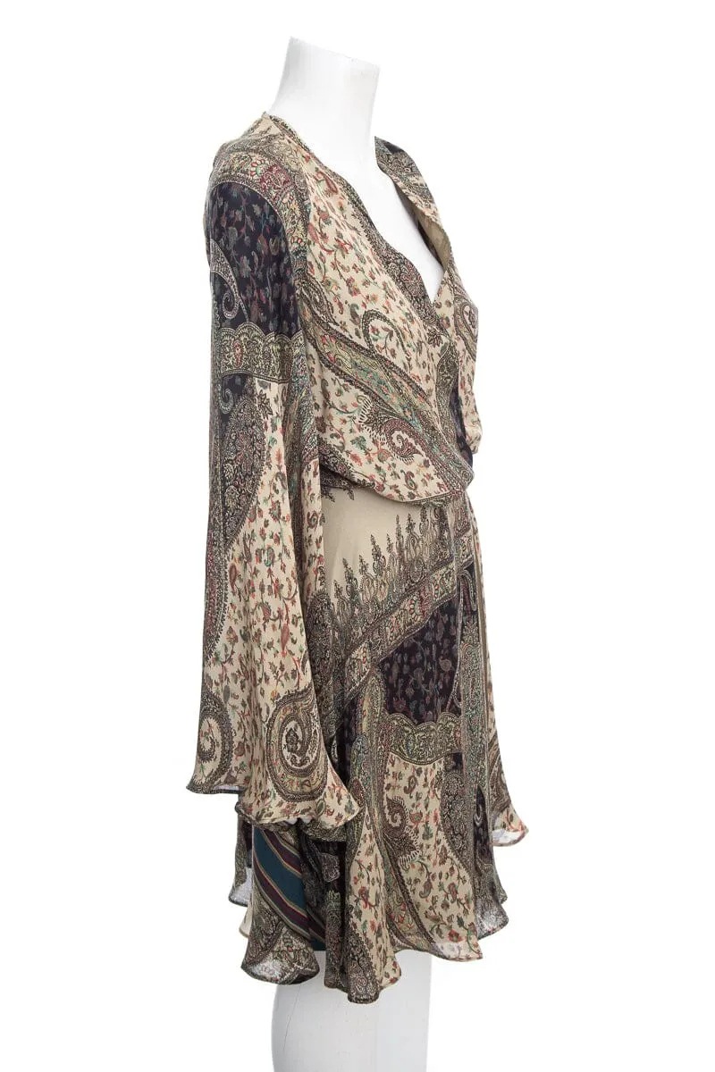 Etro Hunter Green Paisley Print Chiffon Wrap Dress SZ 48