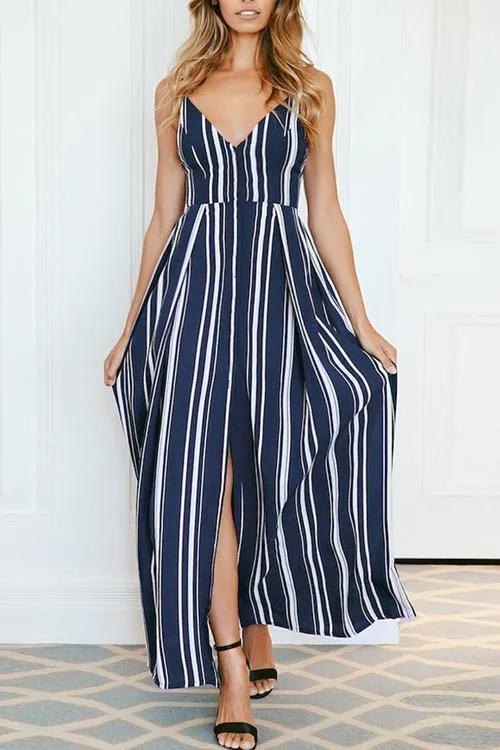 Fashion V Neck Striped Side Slit Royalblue Chiffon Ankle Length Dress