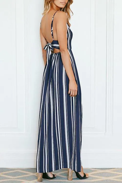 Fashion V Neck Striped Side Slit Royalblue Chiffon Ankle Length Dress