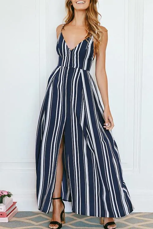 Fashion V Neck Striped Side Slit Royalblue Chiffon Ankle Length Dress
