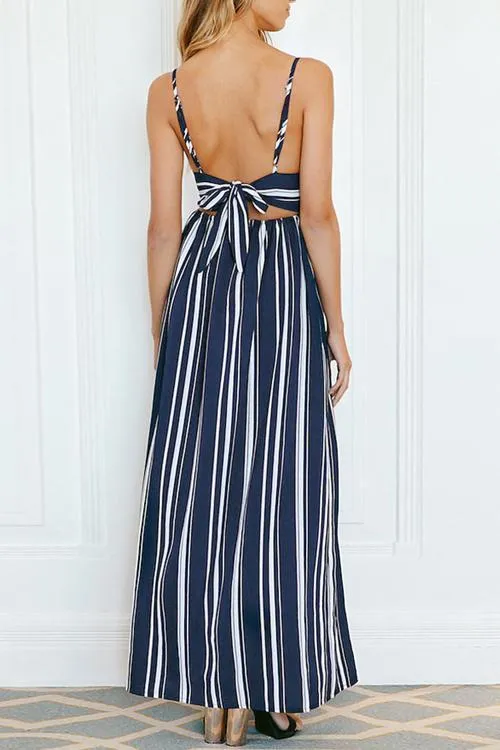 Fashion V Neck Striped Side Slit Royalblue Chiffon Ankle Length Dress