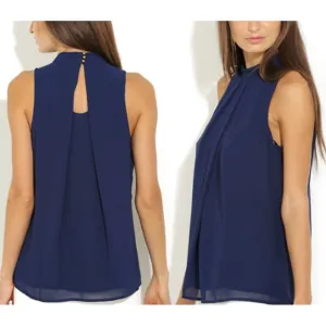 Fashion Womens Tank top Chiffon Casual T-shirt Vest Sleeveless Pleated Blue blouse shirt woman Button Back Vest W5