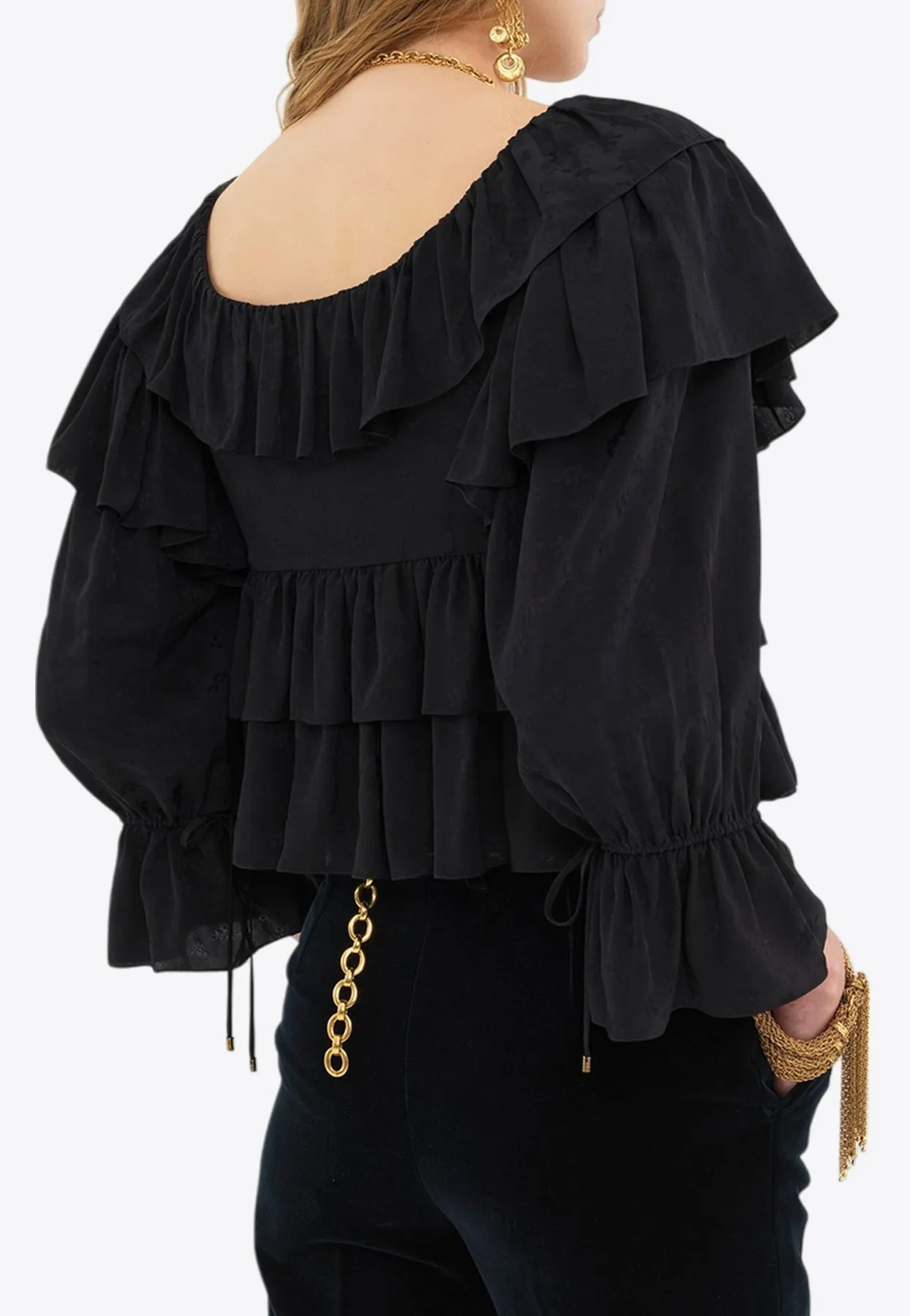 Floral Jacquard Ruffled Cropped Top