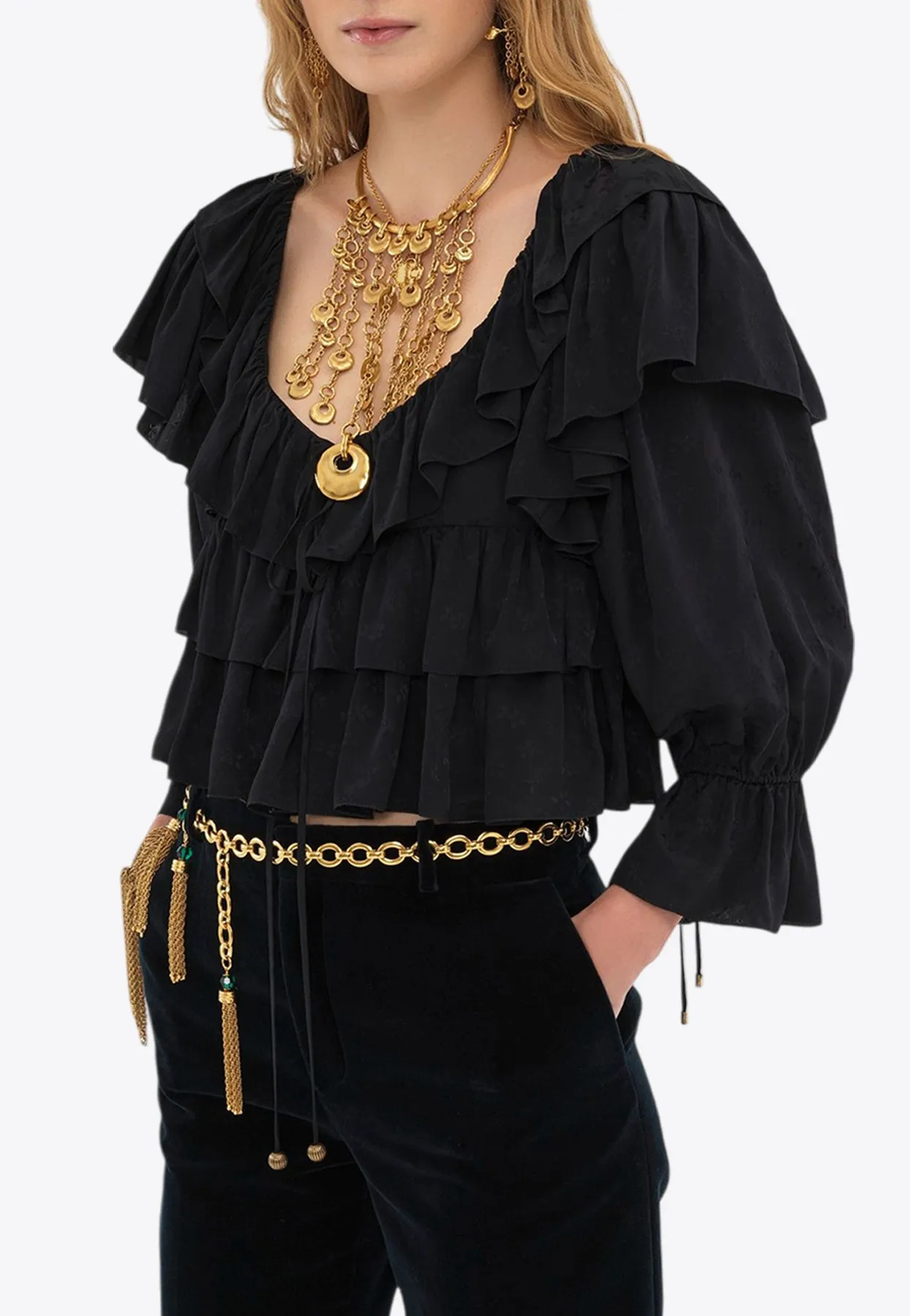 Floral Jacquard Ruffled Cropped Top
