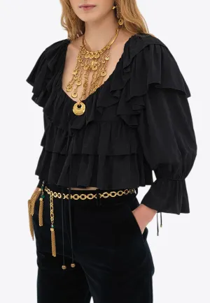 Floral Jacquard Ruffled Cropped Top
