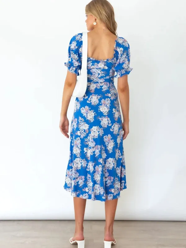 Floral Print Midi Dress with Square Neck and Balloon Sleeves