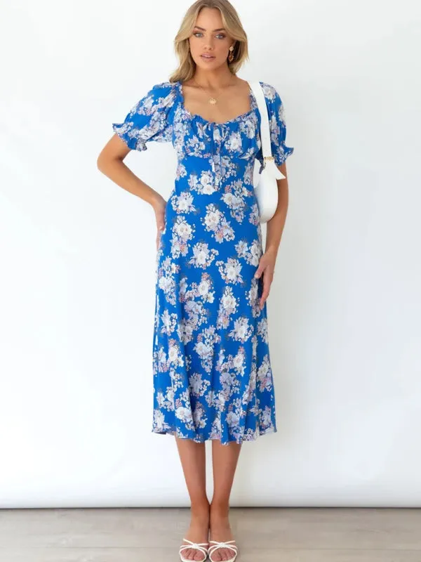 Floral Print Midi Dress with Square Neck and Balloon Sleeves